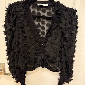 Zara Black Floral Textured Blouse